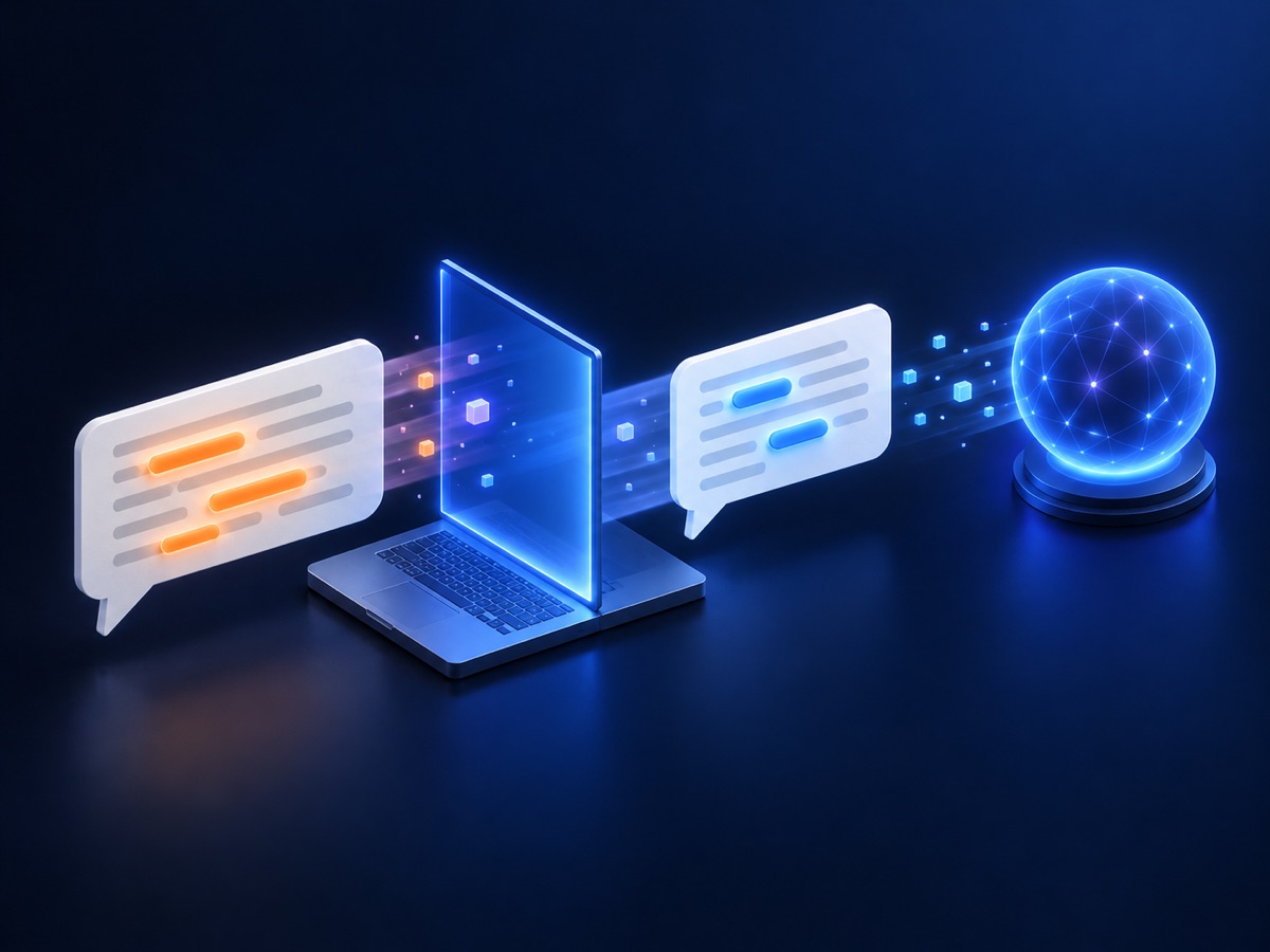Illustration: a chat message passes through a laptop, where highlighted names and an email turn into placeholder tokens before the message travels on to an AI assistant.