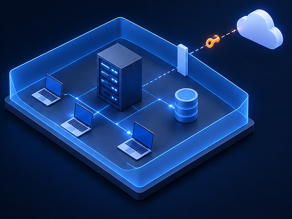 Illustration: laptops, a server and a database inside your own network boundary; only a licence key travels to the cloud outside.