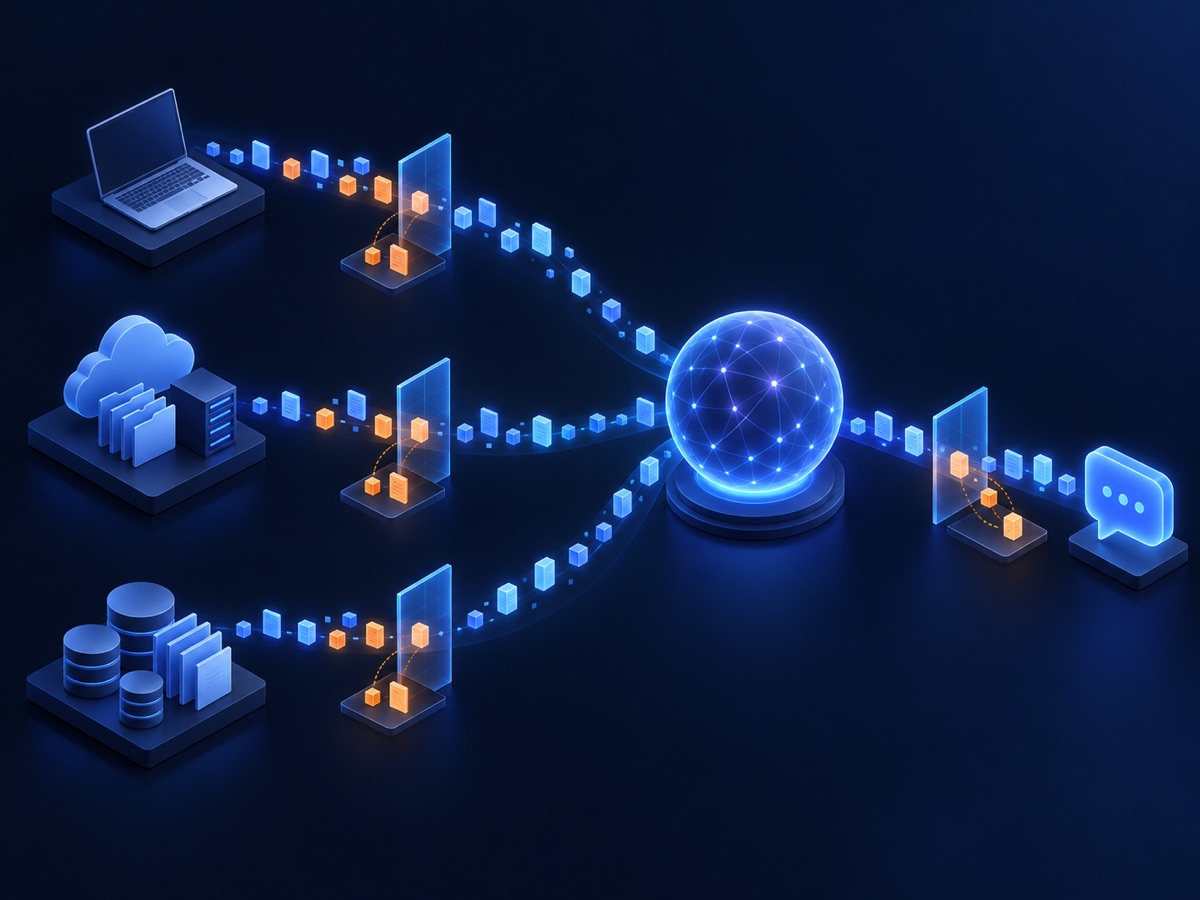 Illustration: data from laptops, cloud folders and databases flows toward an AI model through gates that hold back sensitive items.