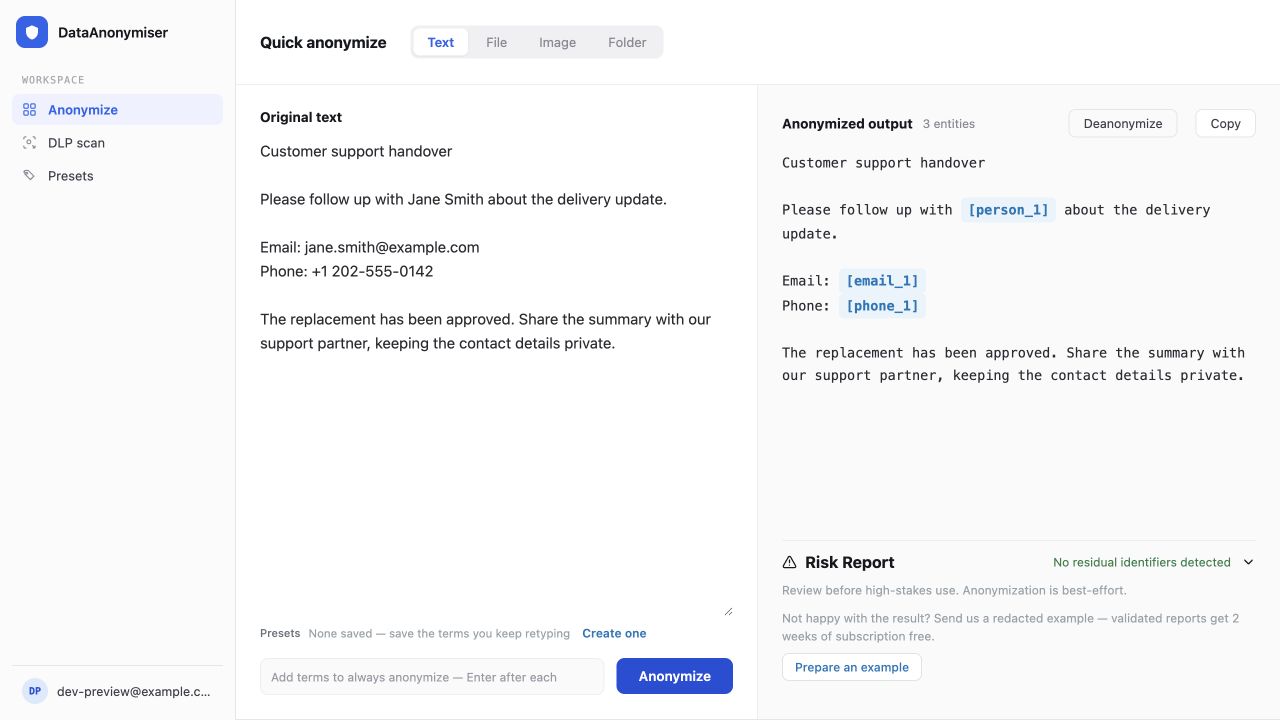 DataAnonymiser desktop app showing a synthetic support message beside its anonymized output, with name, email and phone placeholders.