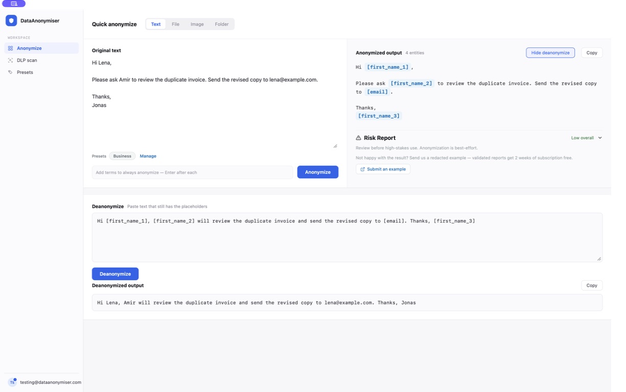 DataAnonymiser desktop app showing fictional names and an email replaced with placeholders, then restored in the deanonymized response below.