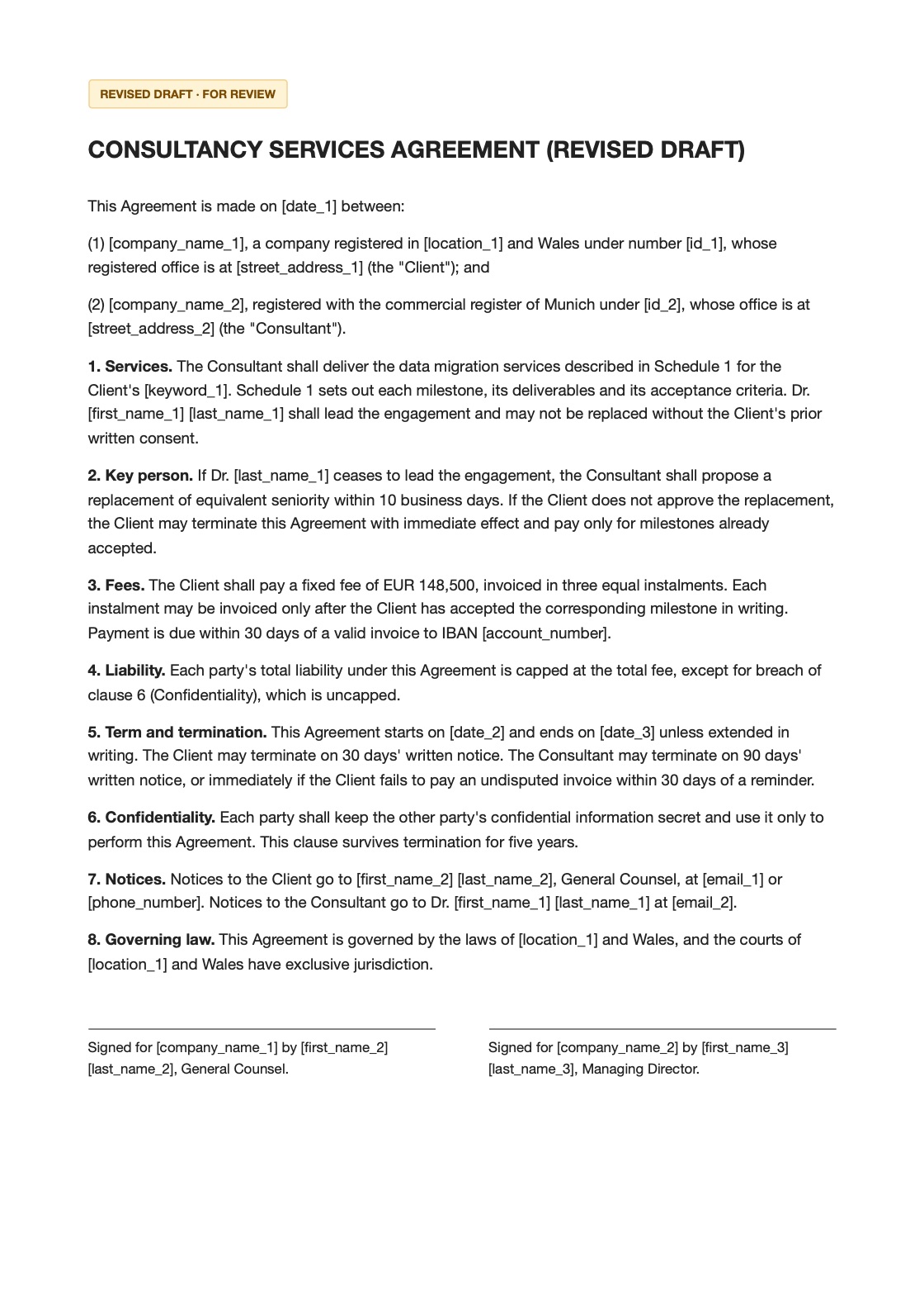 The revised agreement the AI returned, still in placeholders, with new clauses on milestone acceptance, a key-person remedy, notice periods and governing law. Opens the PDF.