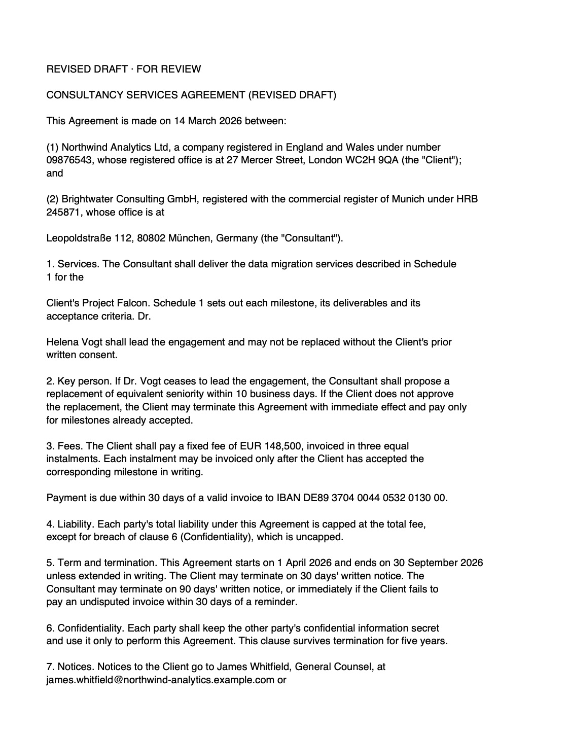 Page 1 of 2: The restored revised agreement, with the real company names, people, addresses, register numbers, IBAN, emails and phone number back in place. Opens the PDF.