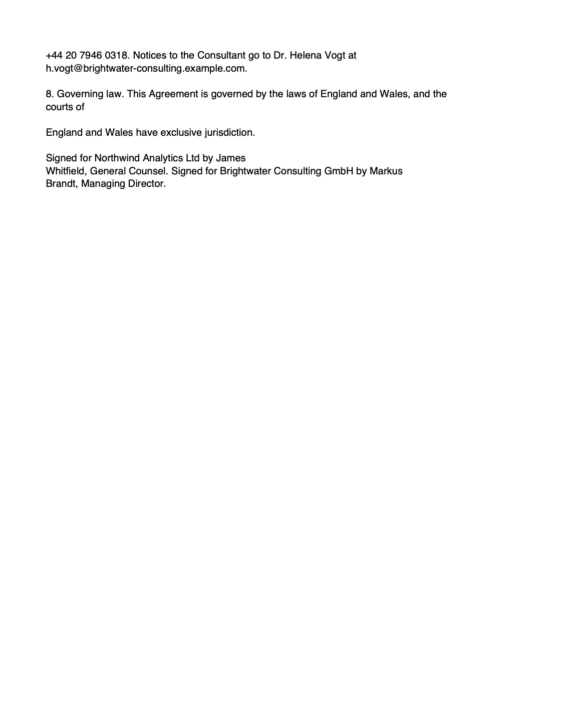 Page 2 of 2: The restored revised agreement, with the real company names, people, addresses, register numbers, IBAN, emails and phone number back in place. Opens the PDF.